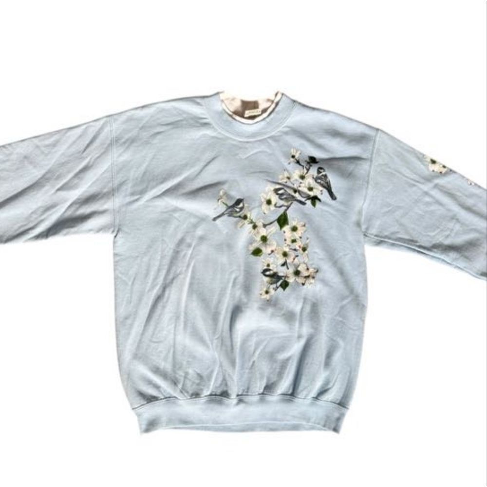Artisans Apparel Sweatshirt M Layered Collar Light Blue White Dogwood Birds